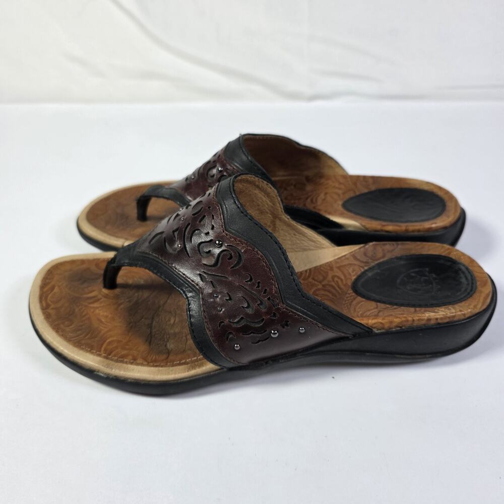 Ariat Womens Sandals Thong Flip Flop Size 9B Brown Leather Embossed Slip On - Picture 5 of 12